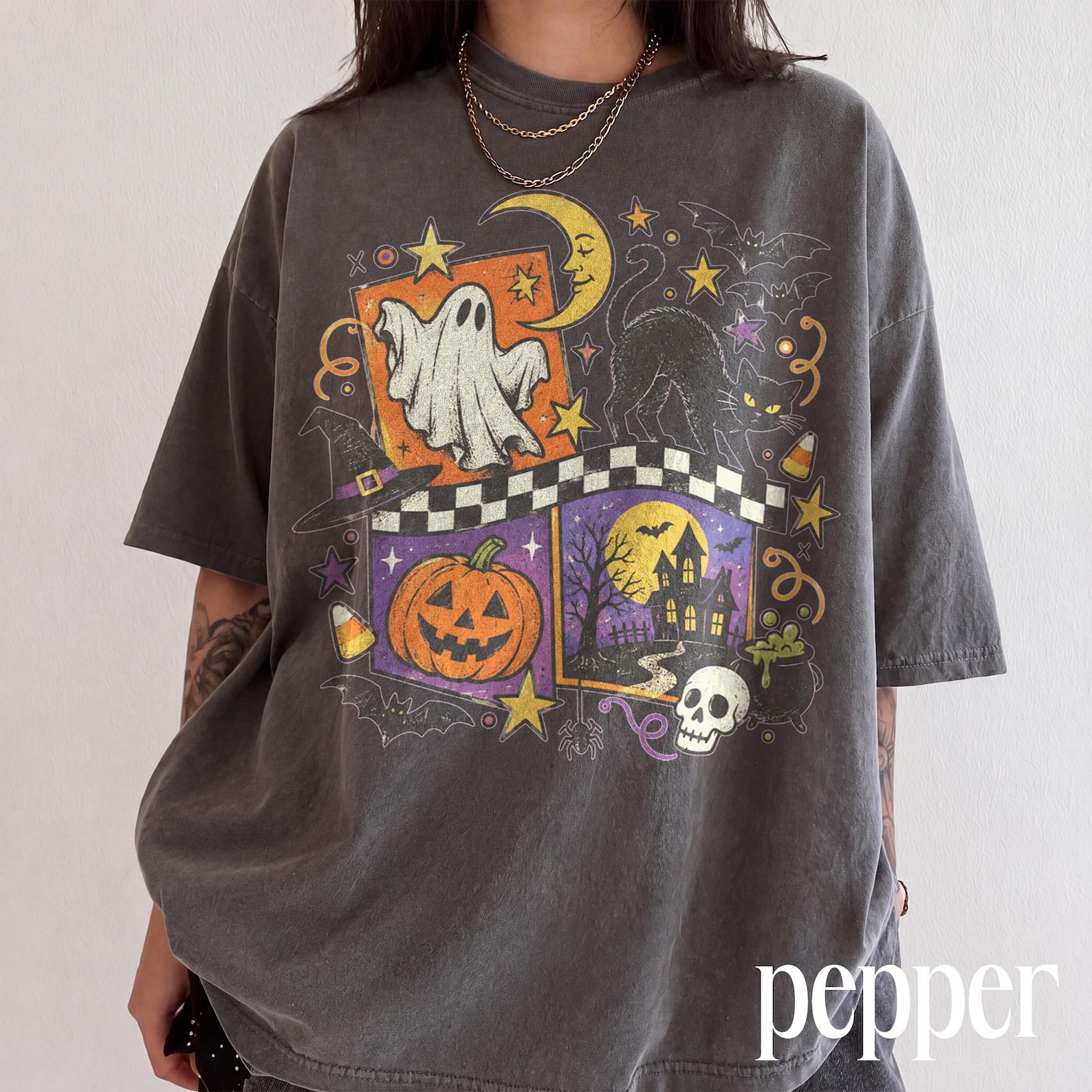 Vintage Halloween Comfort Colors® Shirt, Black Cat Skull Graphic Tee, Spooky Season Sweatshirt, Retro Halloween Season Gift