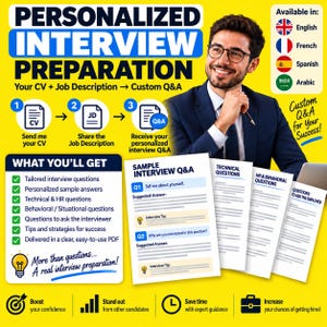 May include: A yellow promotional graphic for personalised interview preparation services. It features text, icons, and a display of sample Q&A documents. The text includes 'PERSONALIZED INTERVIEW PREPARATION', 'WHAT YOU'LL GET', and 'Custom Q&A for Your Success!' along with language options.