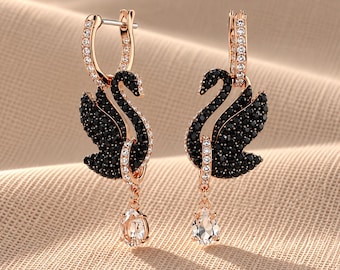 Swarovski Swan Crystal Drop Earrings, Elegant Swan Dangle Earrings, Teardrop Crystal Jewelry, Luxury Anniversary Gift for Her