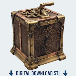 Puede incluir: Una caja cuadrada con acabado marrón oscuro y patrones de engranajes grabados, reforzada con esquinas y remaches de metal color latón. Una manivela mecánica se sitúa en la tapa superior. El texto DIGITAL DOWNLOAD STL aparece en la parte inferior.