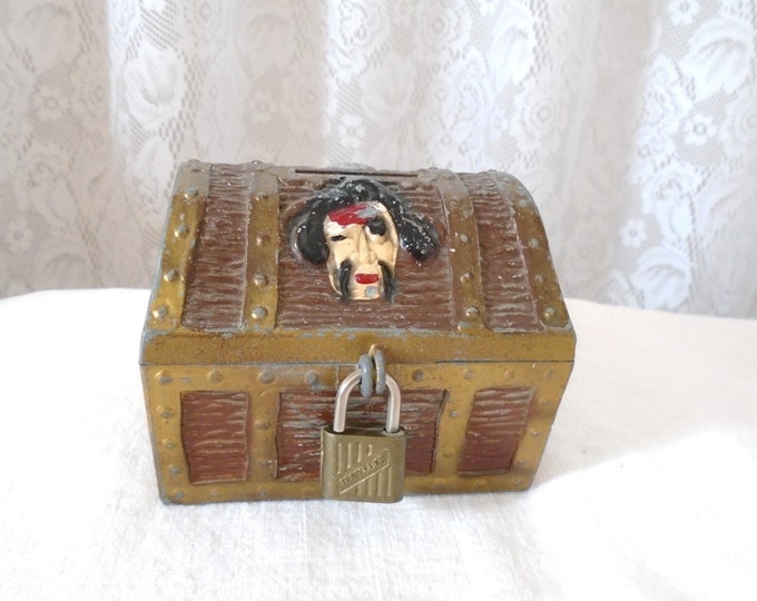 Vintage Metal Pirate Treasure Chest Bank Toy Chest With Skull and Cross