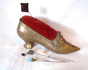 Vintage Metal Shoe Pin Cushion With Hat Pins