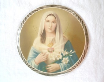 Vintage Celluloid Wall Hanging Immaculate Heart Mary Religious Icon Blessed Mother