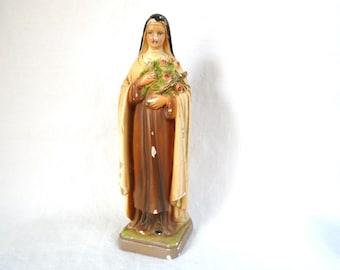 Vintage Chalkware St. Terese of Lisieux Statue Chippy Chalkware Religious Statue 8 3/8 Inches Tall Columbia Statuary CS 129