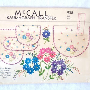 May include: Vintage McCall Kaumagraph transfer sheet with floral designs for linens. Includes designs for a three-piece vanity set and a scarf. The sheet features a variety of flower sprays in blue, pink, and purple.
