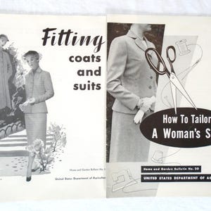 May include: Black and white vintage illustration of two people wearing coats and suits. The illustration is from a Home and Garden Bulletin No. 1, published by the United States Department of Agriculture. The text reads "Fitting coats and suits" and "How To Tailor A Woman's Suit".