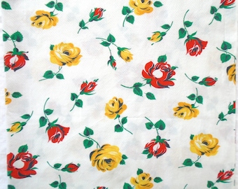 Vintage Mid Century Floral Fabric Red and Yellow Roses 36 Inches wide 48 Inches Long 1 1/3 Yards Long