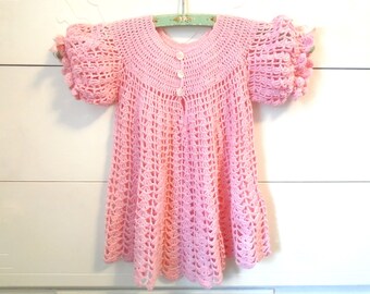 Vintage Pink Crochet Toddler Little Girl's Dress