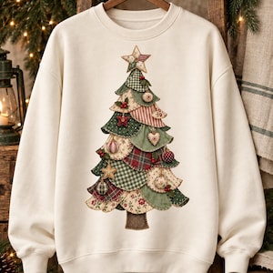 Peut inclure: Un sweat-shirt à manches longues de couleur crème arborant un motif central de sapin de Noël composé de pièces de tissu superposées en forme d'écailles dans des tons vert, rouge et beige, surmonté d'une étoile et orné de décorations.