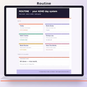 Op de afbeelding: Een digitaal dashboard weergegeven op een laptopscherm met de titel ROUTINE your ADHD day system. De interface bevat georganiseerde secties waaronder Today, Brain Dump, Habit Tracker, Energy Log, Week Review en How This Works met kleurgecodeerde koppen.