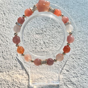 Crystal Bracelet, YanYuan Agate , with Yan Yuan Agate Flower Carving, Gold Plated Bracelet, Adult Crystal Bracelet, 7 inches