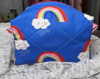 Cosmetic Boxy Bag, Quilted, Hand Sewn, Rainbows and Royal Blue, Small Size, Toiletry Bag