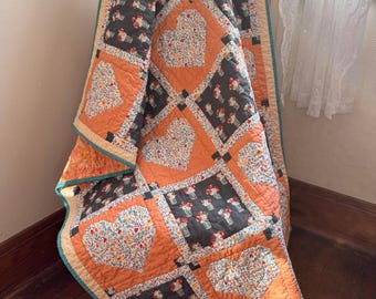 Handmade Heart Baby Quilt, Orange, Yellow, and Blue
