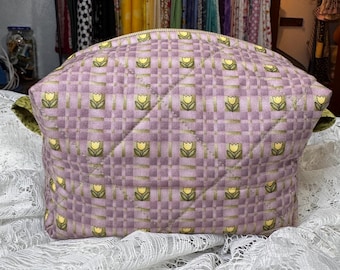 Cosmetic Boxy Bag, Quilted, Hand Sewn, Purple and Green , Tulips, Small Size, Toiletry Bag
