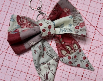 Patchwork Bow Bag Charm or Keychain, Earthy Tones, Reds, Pinks, Creams