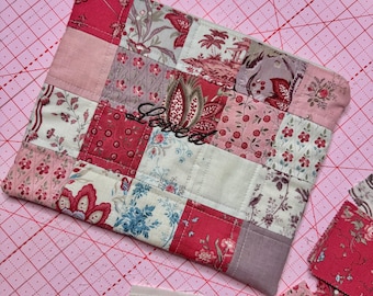 Patchwork Quilted Zipper Pouch, Reds and Earth Tones, Cotton Bag