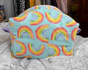 Cosmetic Boxy Bag, Quilted, Hand Sewn,  Rainbows and Teal, Small Size