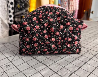 Cosmetic Boxy Bag, Vintage Roses and Pink, Quilted, Hand Sewn, Toiletry Bag