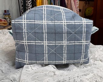 Cosmetic Boxy Bag, Quilted, Hand Sewn, Blue Plaid & Stars, Small Size