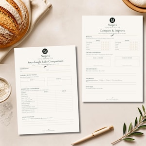 May include: Two off-white sourdough baking log sheets with dark green text and logos. The left sheet is titled Sourdough Bake Comparison, and the right sheet is titled Compare & Improve. Both forms include sections for recording variables, results, and notes.