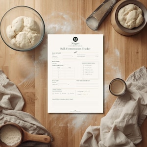 May include: A white paper sheet titled Neqavi Sourdough Bulk Fermentation Tracker with sections for bake details, stretch and folds, bulk start and end times, signs during bulk, and after baking notes, printed in black text on a light background.