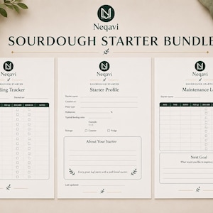 Peut inclure: Un ensemble Neqavi Sourdough Starter Bundle comprenant trois feuilles imprimées : un suivi d'alimentation, un profil de levain et un journal d'entretien. Chaque feuille présente du texte vert foncé, un logo et des grilles de suivi.