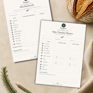 May include: Two white paper sourdough baking planners with dark green text and logos. One sheet is titled Neqavi Sourdough Plan Backwards, the other is Neqavi Sourdough Bake Timeline Planner. Both feature numbered steps, columns for timing, and blank lines for notes.
