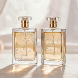 May include: Two rectangular glass perfume bottles with gold spray nozzles and clear caps. The left bottle is engraved with "Mother of the Bride" and "19.08.2026" with floral accents. The right bottle is engraved with "Thank you for loving him like your own. With love, Emma."