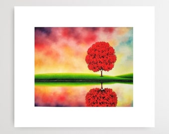 Sunset Tree Print, Colorful Nature Art, Coastal Artwork, Signed Mini Print, Gift Idea, Red Tree Reflecting in Water, Meditative Decor, 4x5