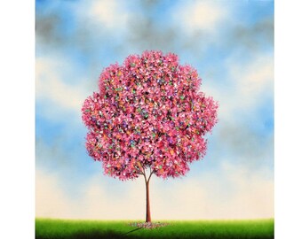 Cherry Tree Blossoms Painting, Colorful Contemporary Sakura Tree Artwork, ORIGINAL Oil Painting, Pink Textured Wall Art, Large Canvas, 24x24