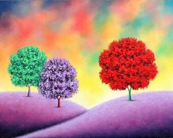 Colorful Textured Trees Painting, ORIGINAL Oil Painting on Canvas, Abstract Art, Beautiful Large Wall Art, Contemporary Landscape, 18x24