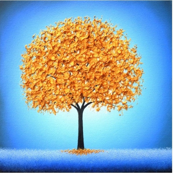 Textured Tree Painting, ORIGINAL Oil Painting, Abstract Painting of Metallic Gold Tree, Golden Blossom Tree Art, Blue & Gold Art, 10x10