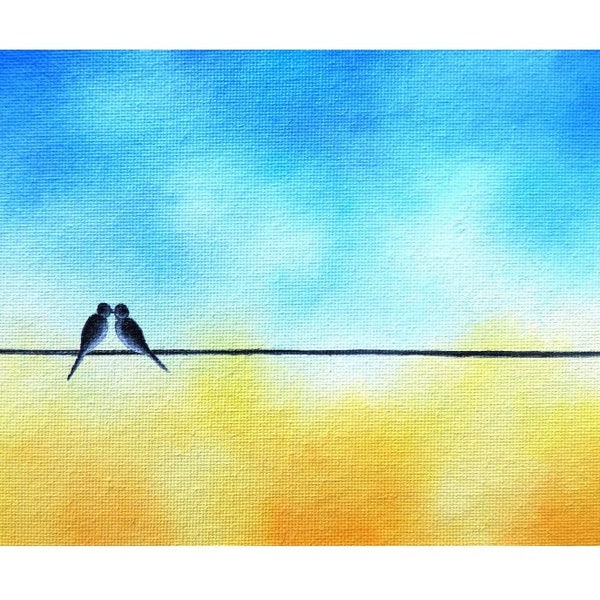 Love Birds on a Wire Art, Love Bird Painting, ORIGINAL Oil Painting, Whimsical Art Kissing Birds, Yellow & Blue Art, Silhouette Art, 5x7