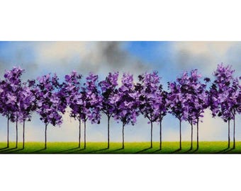 Textured ORIGINAL Oil Painting, Panoramic Lavender Trees Forest Art, Wooded Tree Line Landscape, Purple Palette Knife Artwork, 8x24