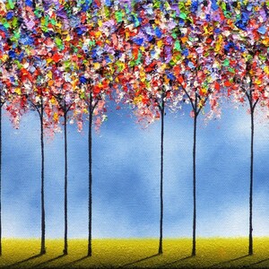May include: A painting of a row of colorful trees with blue sky in the background. The trees are painted in a variety of colors, including red, orange, yellow, green, blue, and purple. The sky is a light blue color, and there is a hint of white clouds in the distance.