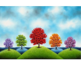 Colorful Trees Impasto Oil Painting, Expressionist Landscape Art, 36x24