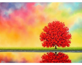 Textured Tree Landscape Painting, Original Oil Painting on Canvas Artwork, Colorful Contemporary Nature Art, 18x24