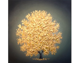 Gold Tree Painting, ORIGINAL Oil Painting, Palette Knife Art, Textured Landscape Painting, Black Night, Metallic Contemporary Artwork, 10x10