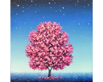 Solitary Tree Painting, ORIGINAL Oil Painting of Textured Pink Tree at Night, 10x10
