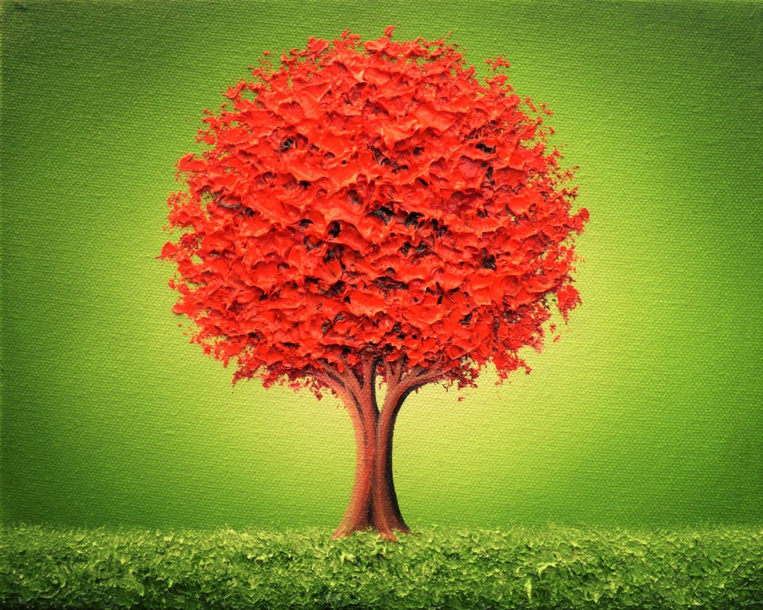 LIMITED Edition Art Print of Textured Red Tree Painting, Red and Green