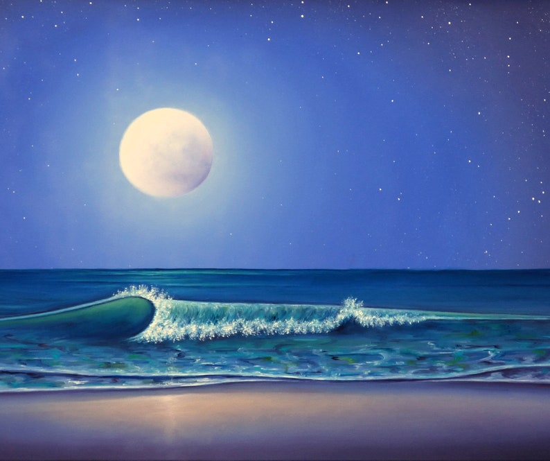 Nighttime Seascape, Moon on Ocean Painting, Tropical Textured Waves, Nautical ORIGINAL Oil Painting, Blue Coastal Artwork, Beach Decor 24x48 Bild 4