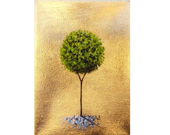 Modern Flower Tree Painting, Textured Floral Art, ORIGINAL Oil Painting, Green Dandelion on Gold Leaf, Miniature Canvas Art, 5x7