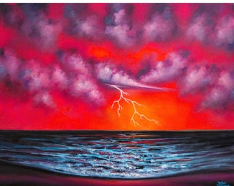 Stormy Sea Oil Painting, Stormscape Ocean Art, Lightning Strike Artwork, Colorful Contemporary Seascape, Original Painting, 20x16