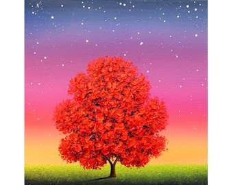 Textured Red Tree Painting, ORIGINAL Oil Painting, Sunset Stars Night Landscape Art, Colorful Palette Knife Canvas Artwork, Wall Decor 10x10