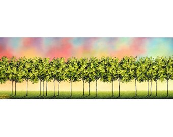 Original Oil Painting: Panoramic Sunset Forest, Textured Palette Knife Artwork, 8x24