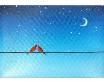 Lovebirds Oil Painting, Birds on a Wire, Small Canvas Art, 7x5