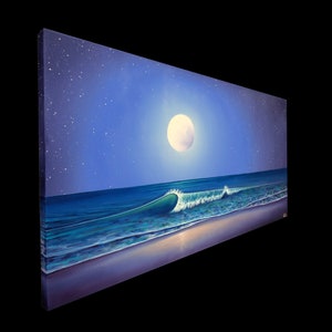 Nighttime Seascape, Moon on Ocean Painting, Tropical Textured Waves, Nautical ORIGINAL Oil Painting, Blue Coastal Artwork, Beach Decor 24x48 Bild 3