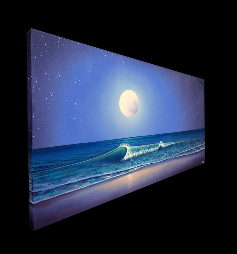 Nighttime Seascape, Moon on Ocean Painting, Tropical Textured Waves, Nautical ORIGINAL Oil Painting, Blue Coastal Artwork, Beach Decor 24x48 Bild 3