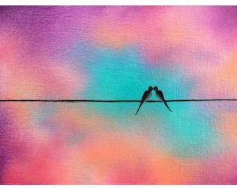 Love Birds Giclee Print: Kissing Birds on Wire, Romantic Art (5x7)