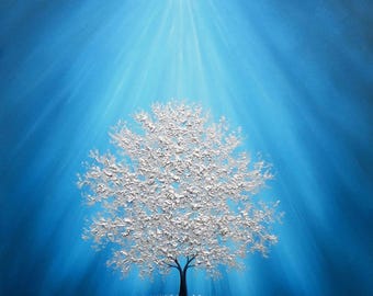 Silver Tree Oil Painting, Original Textured Blue and Silver Landscape, Large Canvas Art, Tree Artist, 36x36